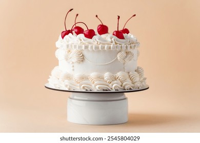 Delicate lambeth style birthday cake with white cream cheese frosting decorated with cocktail cherries on the beige background