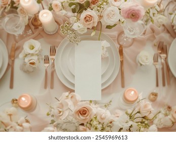 Delicate mockup with blank card on vintage floral plates, surrounded by peonies and soft silk fabric in pink and teal tones. Ideal for wedding, menu, or event invitation designs. - Powered by Shutterstock