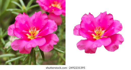 Delicate Moss-rose purslane flower in bloom captures the beauty and fragility of nature. Cutout flower isolated on white background. Cutout flower isolated on white background. - Powered by Shutterstock