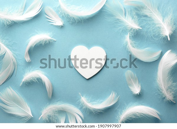 Delicate pastel background. White heart and\
feathers on blue paper. Template for congratulations. Valentine\
card, fathers day, happy birthday,\
anniversary