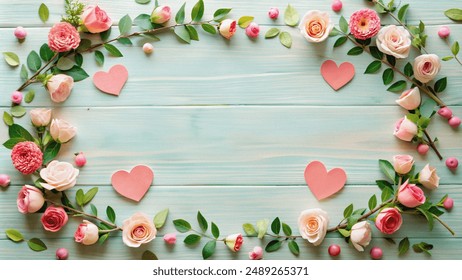 Delicate pastel pink roses and green leaves frame with pink hearts on a rustic blue wooden background - Powered by Shutterstock