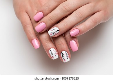 Delicate Pink Manicure With Spring Flowers On Short Square Nails On A White Background