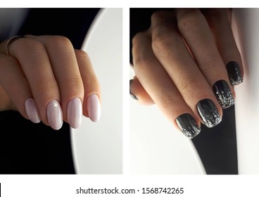 delicate pink nails and unicorn powder design   black glitter gradient nails