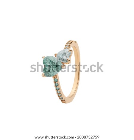 A delicate rose gold ring with two heartshaped gemstones and small accent stones isolated on transparent background