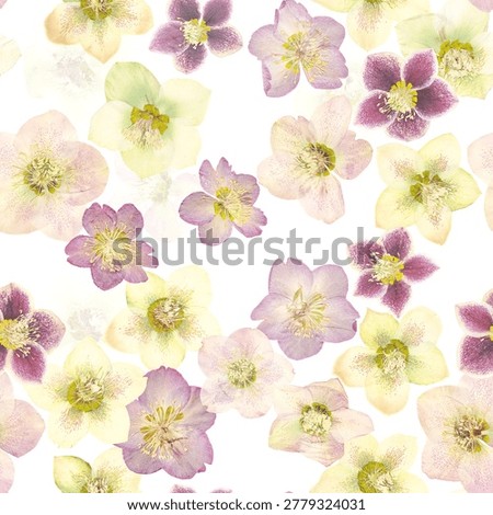 Delicate seamless floral pattern featuring pastel hellebore flowers in shades of cream, blush pink, and soft purple on a light background. Elegant botanical design ideal for fabric, wallpaper, wrapping paper, stationery, and surface pattern applications.