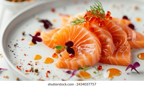 Delicate slices of fresh salmon sashimi are artfully arranged on an elegant plate, garnished with herbs and edible flowers, embodying fine dining. - Powered by Shutterstock