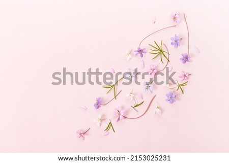 Delicate small wildflowers in pink, blue, purple on pink background