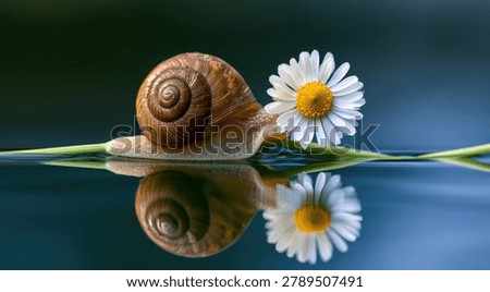 A delicate snail with its shell and a white daisy flower are reflected on a smooth, wet surface, creating a symmetrical and serene image.