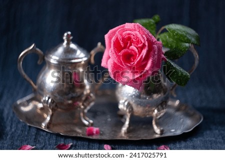 delicate still life with a silver set of dishes and a pink rose on a dark background Spring Tenderness, High quality photo