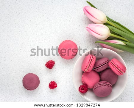 delicate tulips with macaroons on white background