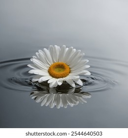 A delicate white daisy floats gracefully on the calm surface of clear water, with gentle ripples highlighting the purity of the flower's petals against the serene background. - Powered by Shutterstock