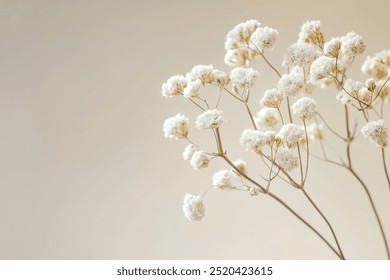 Delicate white dried flowers arranged against a warm beige background, creating a minimalist and elegant floral composition. - Powered by Shutterstock