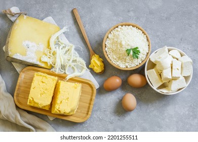 Delicatessen Concept, Different Kinds Of Cheese And Butter, Cheddar, Curd