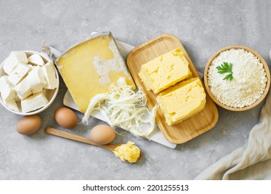 Delicatessen Concept, Different Kinds Of Cheese And Butter, Cheddar, Curd