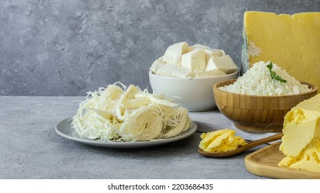 Delicatessen Concept, Different Kinds Of Cheese And Butter, Cheddar, Curd