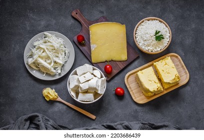 Delicatessen Concept, Different Kinds Of Cheese And Butter, Cheddar, Curd