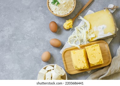 Delicatessen Concept, Different Kinds Of Cheese And Butter, Cheddar, Curd