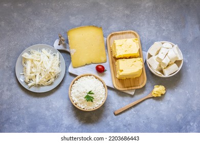 Delicatessen Concept, Different Kinds Of Cheese And Butter, Cheddar, Curd