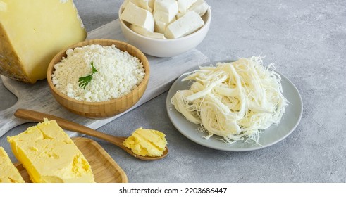 Delicatessen Concept, Different Kinds Of Cheese And Butter, Cheddar, Curd