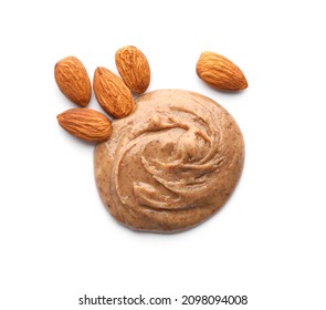 Delicious Almond Butter And Nuts On White Background, Top View