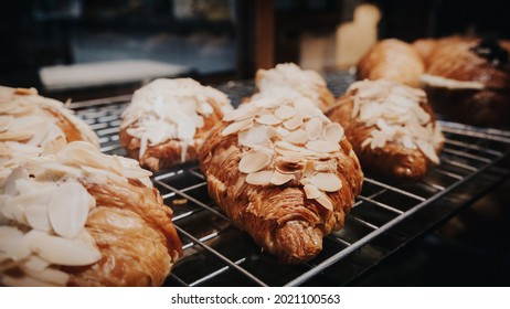 Delicious Almond Croissants On Metal Grate