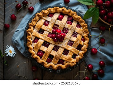 Delicious American cherry pie displayed on a wooden table with a vibrant red filling and golden crust, professional food photography, appealing dessert composition. - Powered by Shutterstock