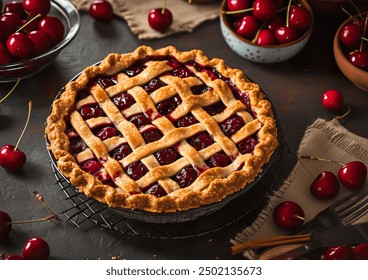 Delicious American cherry pie topped with a rich crust, showcasing vibrant red cherries. Captured in a professional food photography style with a focus on texture and color. - Powered by Shutterstock