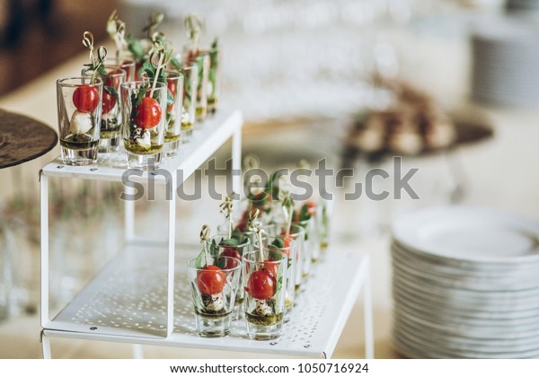 Delicious Appetizers Starters Tomatoes Cheese Glass Stock Photo