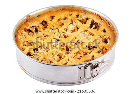 A delicious apple pie still in springform, isolated on white.