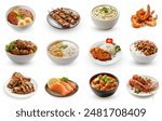 Delicious Arabic and Asian foods set. Many different foods isolated on white background. Hummus, prawns, seekh kebab, butter chicken, grilled chicken, lobster, dal with rice. many Food collection set 