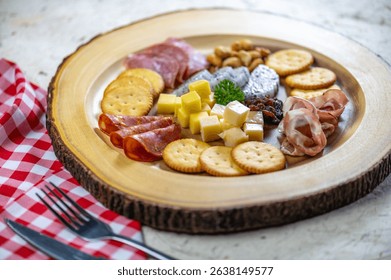 Delicious assorted savory snack platter featuring cheese cured meats crackers nuts dried fruits and fresh herbs arranged on rustic wooden board for party appetizer.