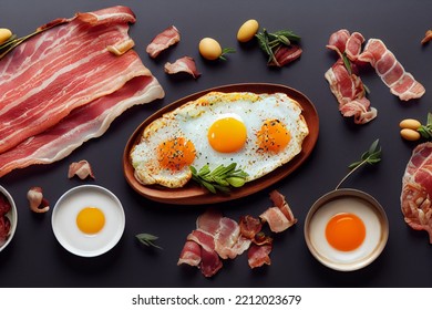 A Delicious Bacon And Eggs Breakfast On A Table, Top Down View, Flatlay, Start To The Day.