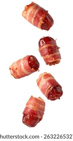 Delicious bacon wrapped dates falling against a transparent background, perfect for food and recipe projects