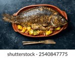 Delicious baked carp fish with spices in a clay plate and fried vegetables, close up, top view