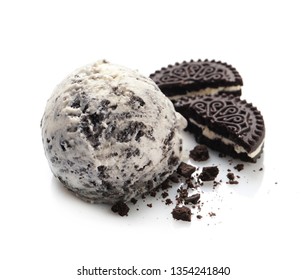 Delicious Ball Of Ice Cream With Chocolate Cookie On White Background