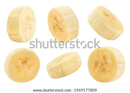 Delicious banana slices set, isolated on white background