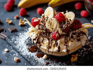 Delicious banana split dessert with vibrant toppings arranged artfully, showcasing ice cream, banana slices, and chocolate syrup, professional food photography, top view composition. - Powered by Shutterstock