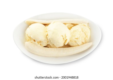 Delicious Banana Split Ice Cream Isolated On White, Top View