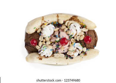 Delicious Banana Split In A Top View Image