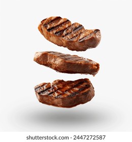 Delicious Beef steaks flying on white background. barbeque beef meat steaks motion barbecue concept. flying fast food isolated on white abstract background. 