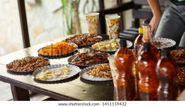 Delicious Beer Appetizers Table Wedding Reception Stock Photo