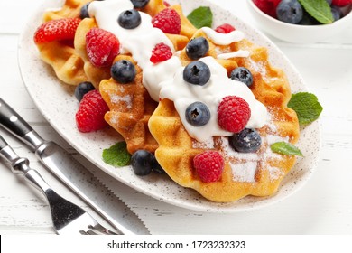 Delicious Belgian Waffles With Summer Berries. Breakfast Dessert