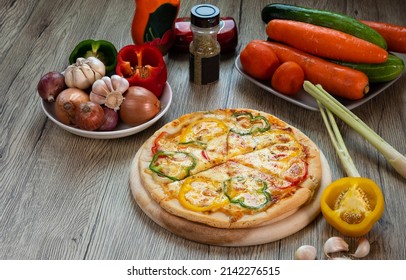 Delicious Bell Pepper Pizza On A Wooden Table