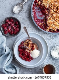 Delicious Berry Crumble Pie Served With Vanilla Ice Cream, Top View