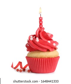 Delicious Birthday Cupcake With Candle Isolated On White