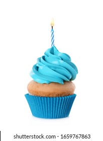 Delicious Birthday Cupcake With Candle Isolated On White