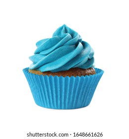 Delicious Birthday Cupcake Decorated With Blue Cream Isolated On White