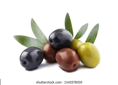 Delicious black, green and brown
 olives with leaves, isolated on white background - Powered by Shutterstock