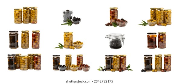 Delicious black, green and red olives in a jar isolated on a white background. Pickled olives in a glass jar. Delicious olives. Close-up. Vegan.Collage. Design. - Powered by Shutterstock