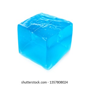 Delicious Blue Jelly Cube On White Background